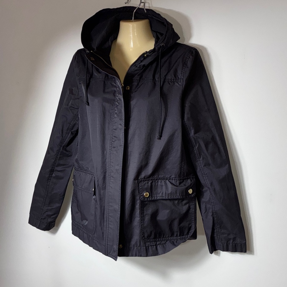J.Crew Mercantile Black Rain Jacket Hooded Zip Snap Front Women’s Medium